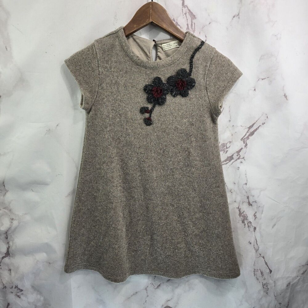 Zara Dress Girls 9 10 Brown Sweater Wool Blend Flower Short Sleeve Button Youth